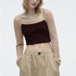 ZARA Womens M Brown & Beige Knit Crochet Shrug Sweater Multimedia Bohemian Indie